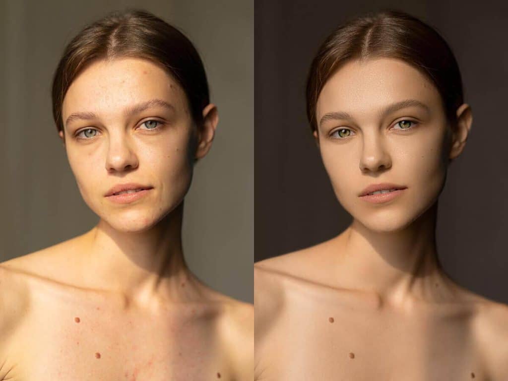 Professional photo retouching showing a transformed portrait with polished skin."